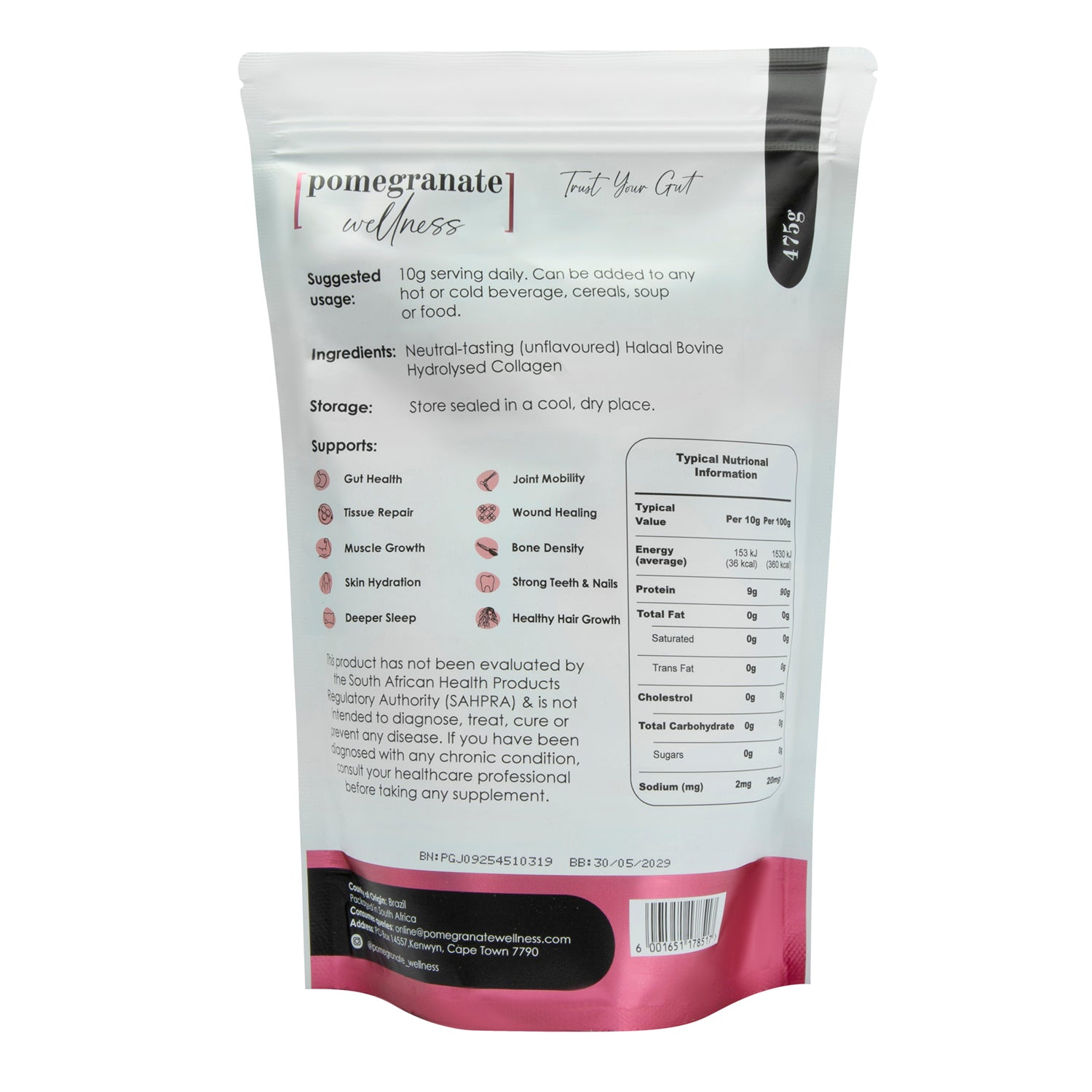 Collagen Quick Dissolving 475g package with text and nutritional information